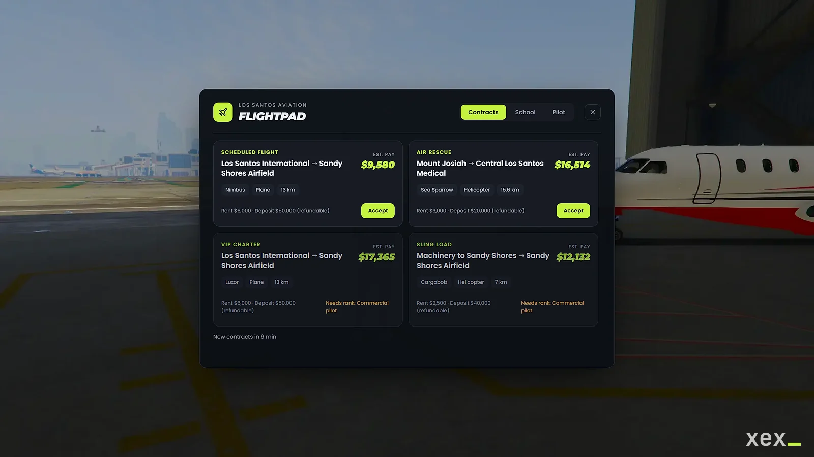 Flightpad tablet: pick a contract at the Flight Ops desk, with the pay, aircraft and requirements up front