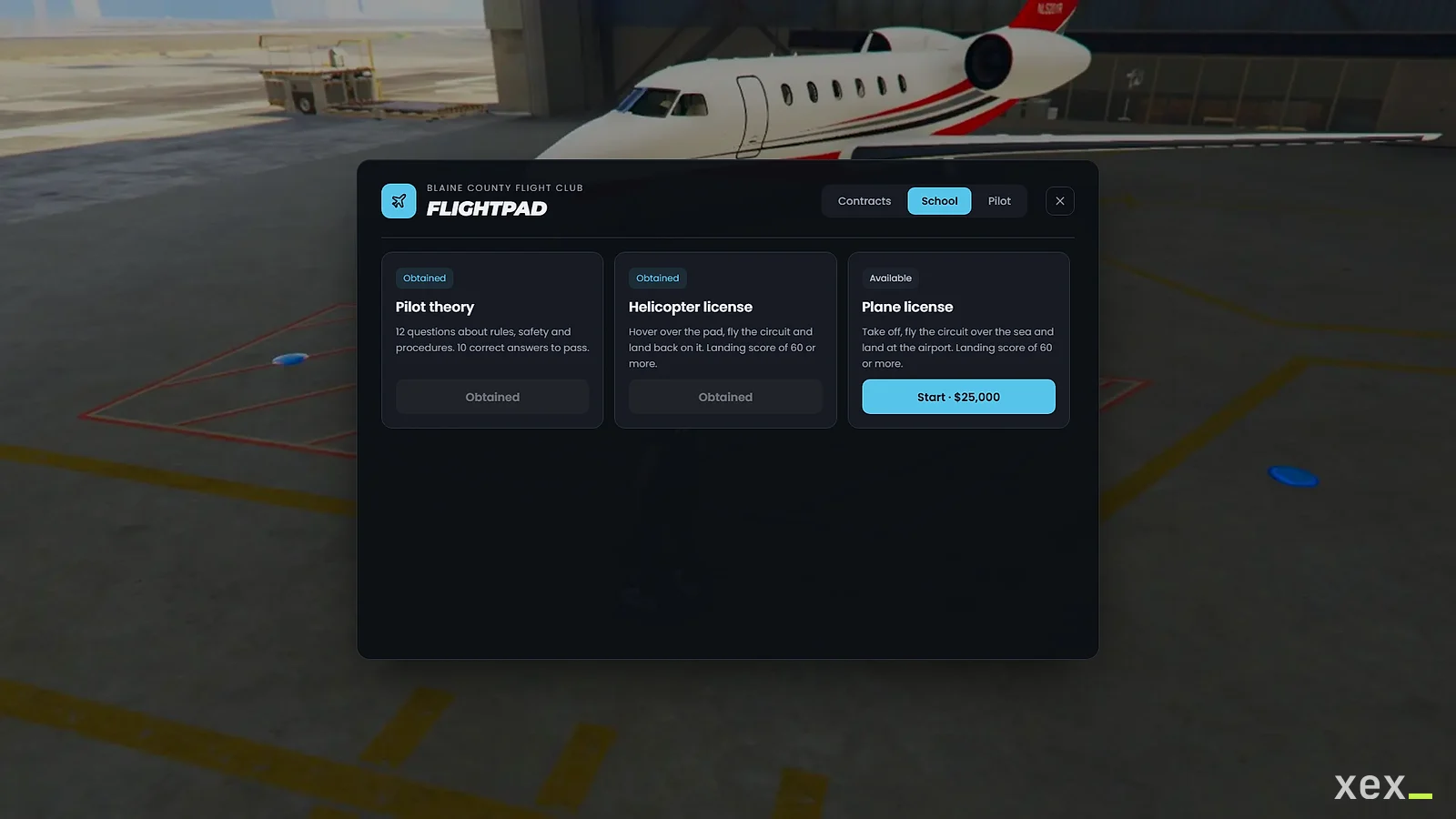 Flight school with helicopter and plane exams, in your server's name and color