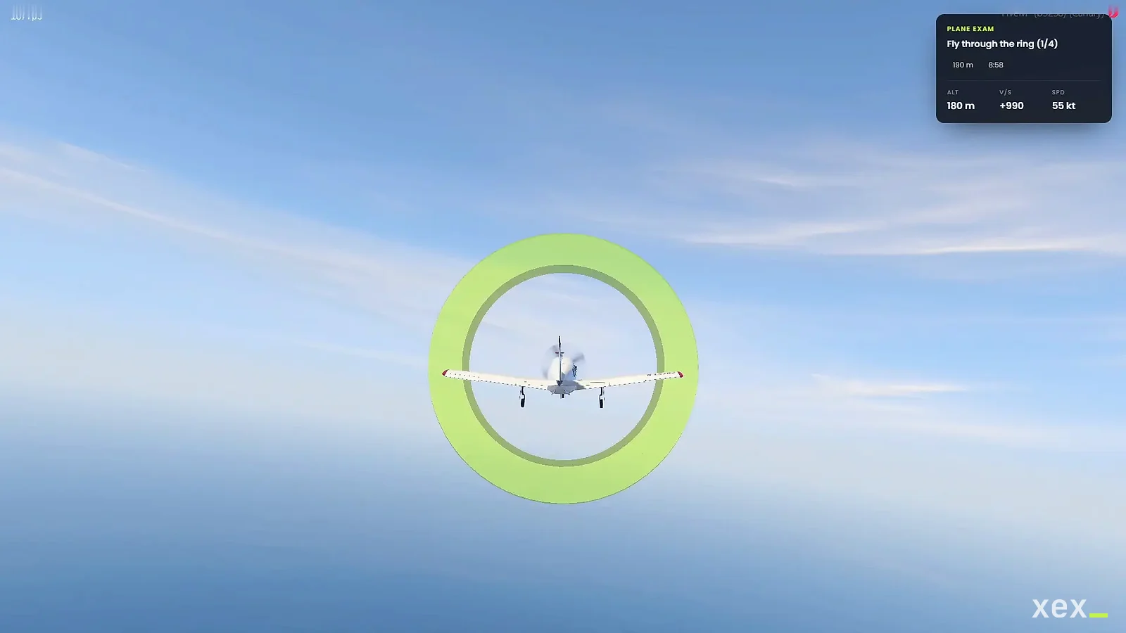 Plane exam: take off from the flight school and fly the route over the sea, ring by ring