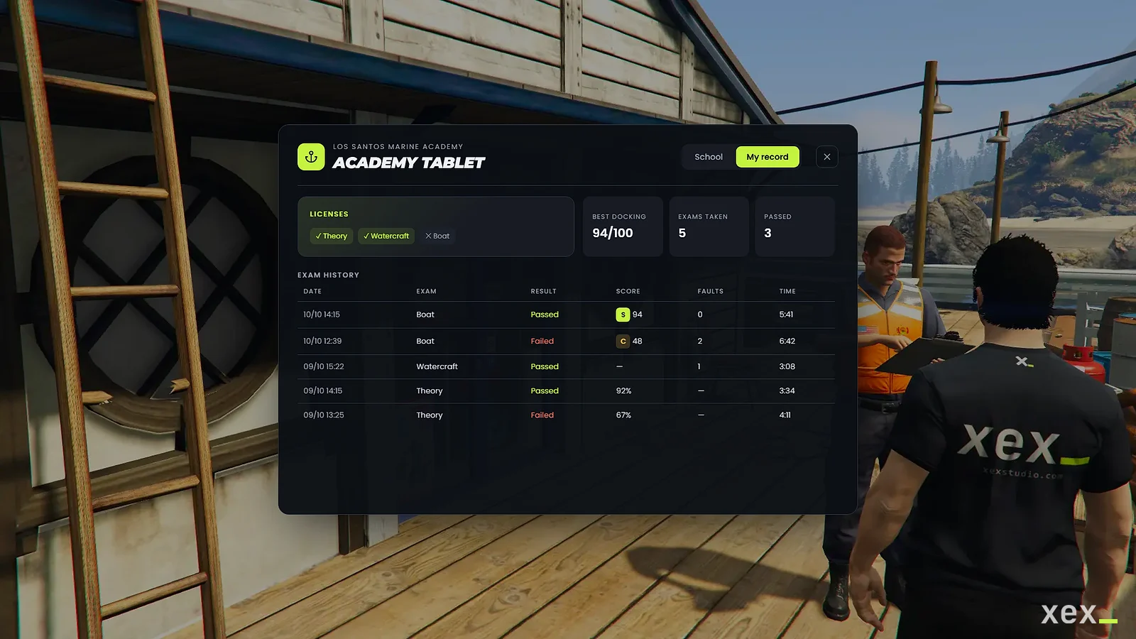 Licenses, exam history and best docking grade on the tablet