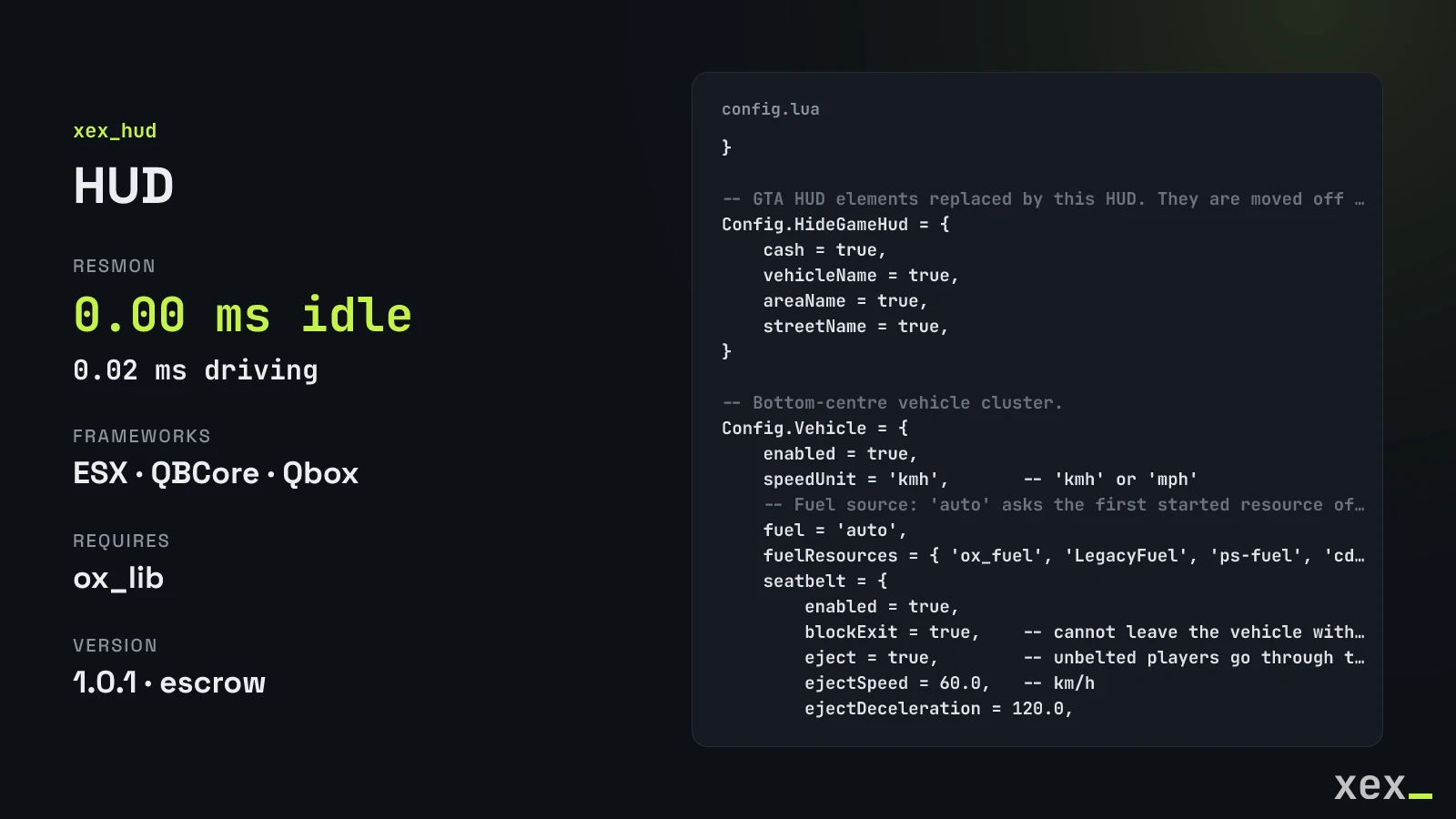 Layouts, indicators, effects and vehicle options in config.lua