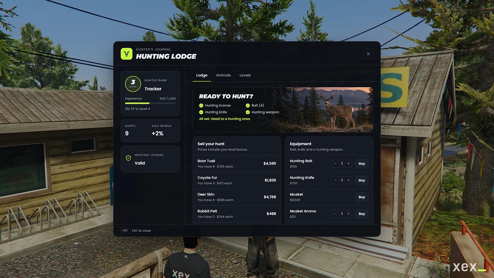 Hunter journal: your level, a ready-to-hunt checklist, sales with your level bonus and equipment