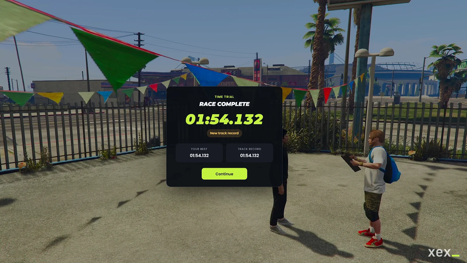 Finish screen: your time, personal best and track record